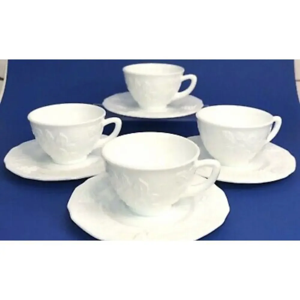 Vintage Indiana Milk Glass Cups & Saucers Colony Harvest Grapes Farmhouse Set 5